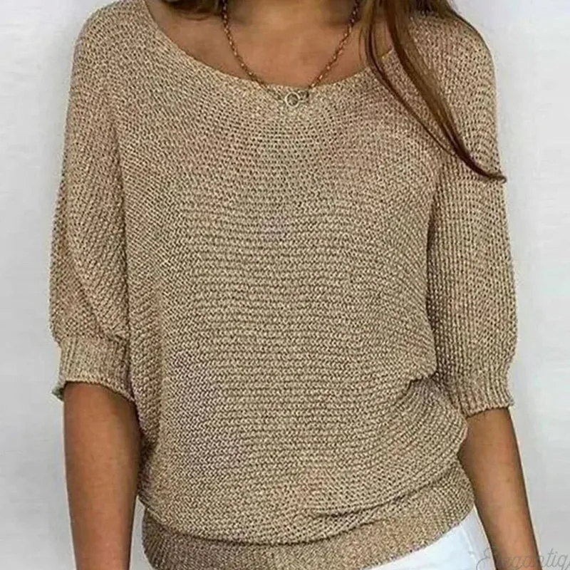 Katharina | Damen Eleganter Pullover Lockerer Strickpullover Rundhals 3/4-Arm