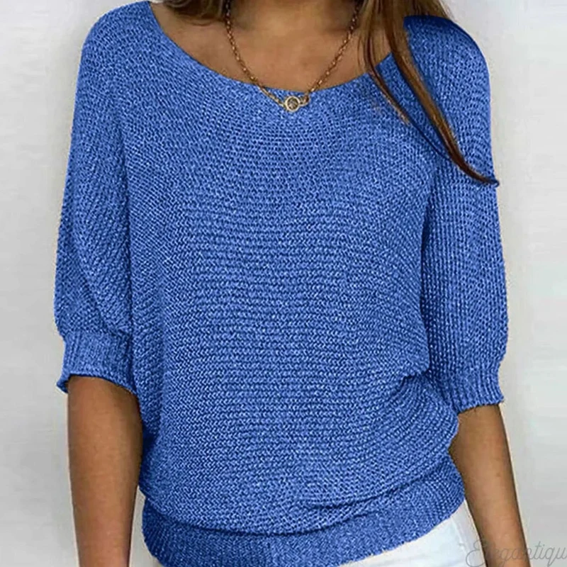 Katharina | Damen Eleganter Pullover Lockerer Strickpullover Rundhals 3/4-Arm