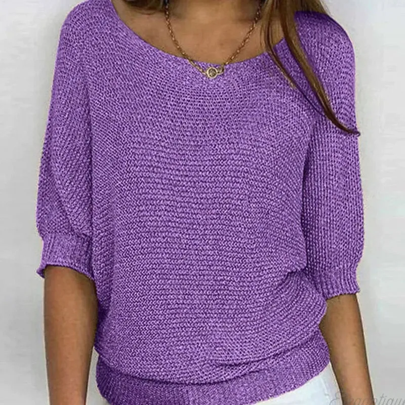 Katharina | Damen Eleganter Pullover Lockerer Strickpullover Rundhals 3/4-Arm