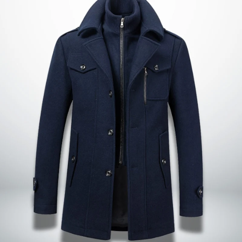 Julian | Herren Smart-Casual Wollmantel mit Knopfverschluss und Stehkragen-Innenjacke