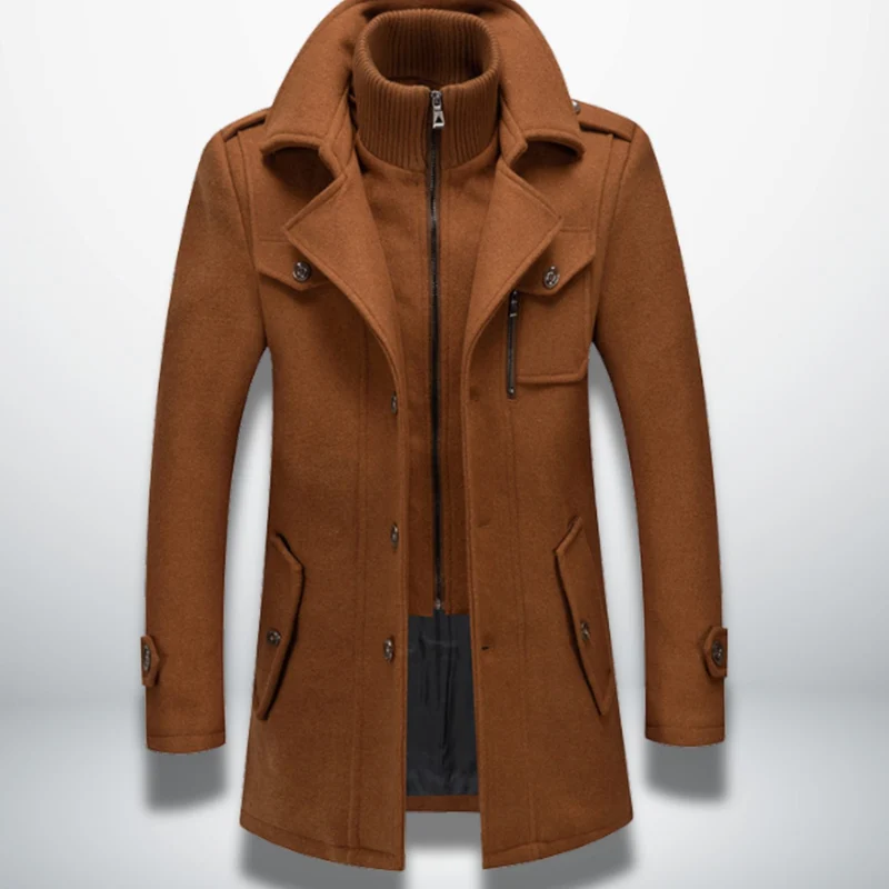 Julian | Herren Smart-Casual Wollmantel mit Knopfverschluss und Stehkragen-Innenjacke