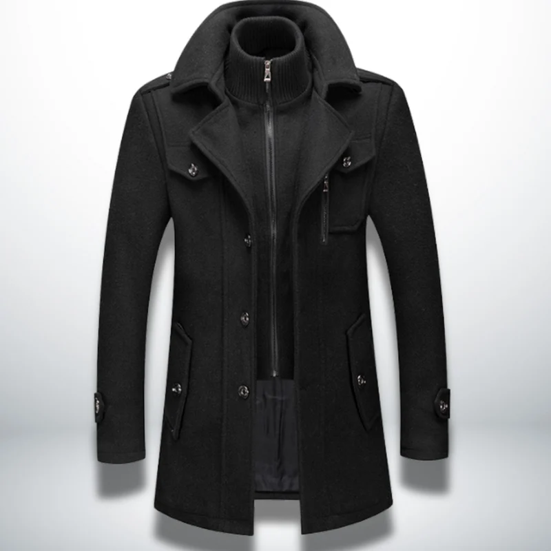 Julian | Herren Smart-Casual Wollmantel mit Knopfverschluss und Stehkragen-Innenjacke