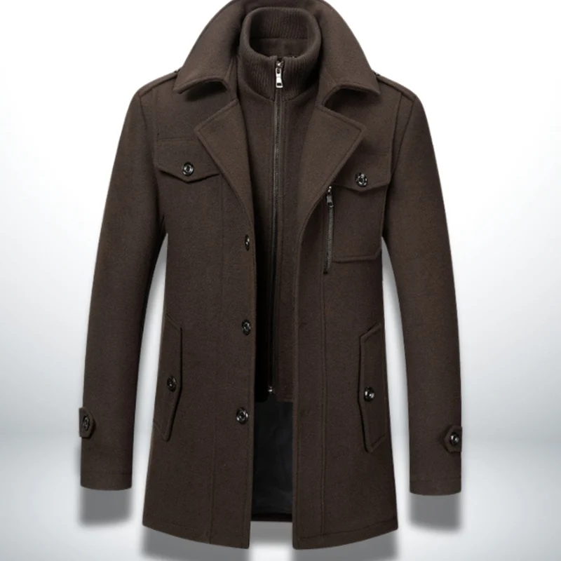 Julian | Herren Smart-Casual Wollmantel mit Knopfverschluss und Stehkragen-Innenjacke