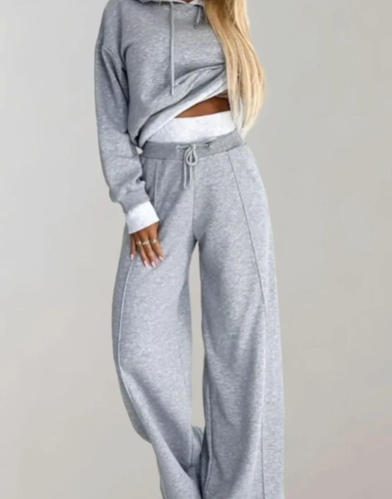 Emilia | Damen Freizeit Hoodie Jogginganzug Set Crop Kapuzenpullover Weite Hose