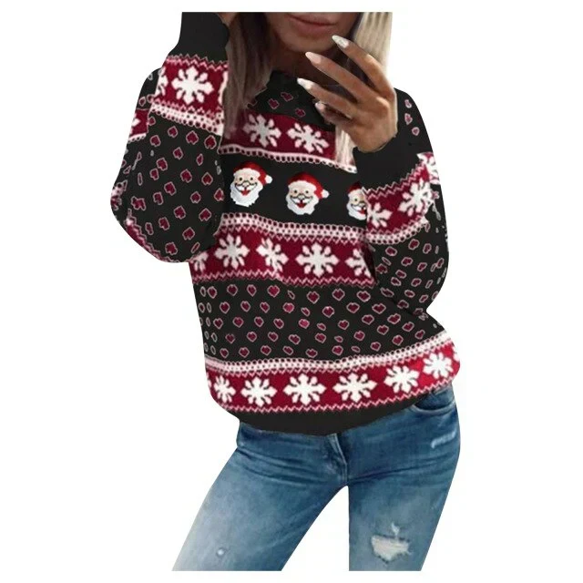 Emilia | Damen-Weihnachtspullover mit Weihnachtsmann- und Schneeflockenmuster