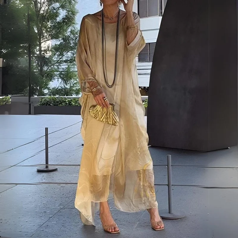 Leonie | Damen Langarm-Maxikleid fließend Rundhals festlich elegant