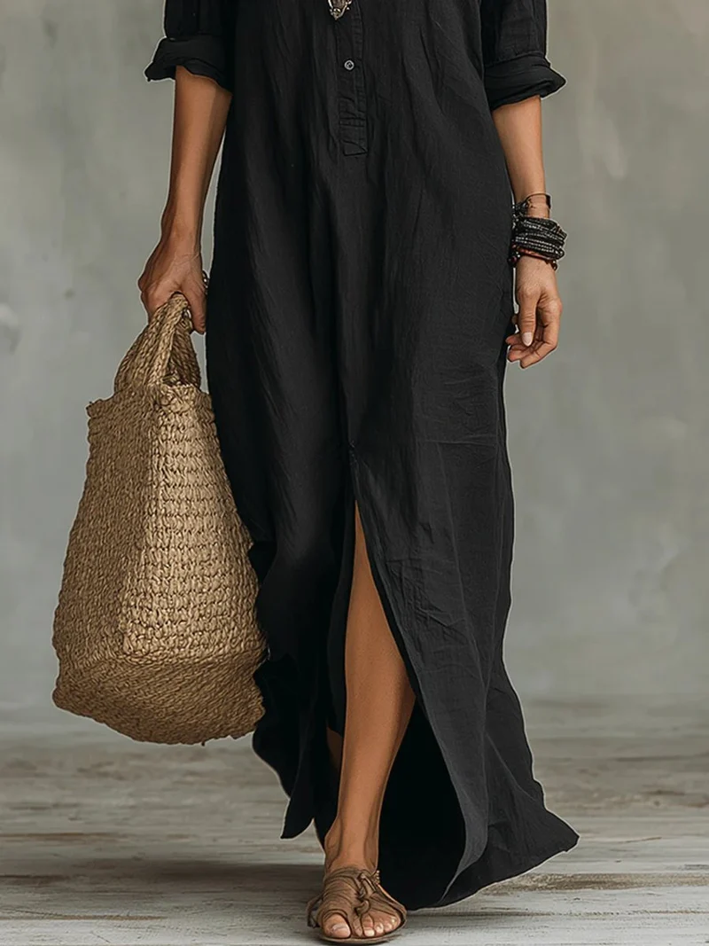 Marie | Damen Langarmkleid Lässiges Maxi-Hemdblusenkleid mit V-Ausschnitt