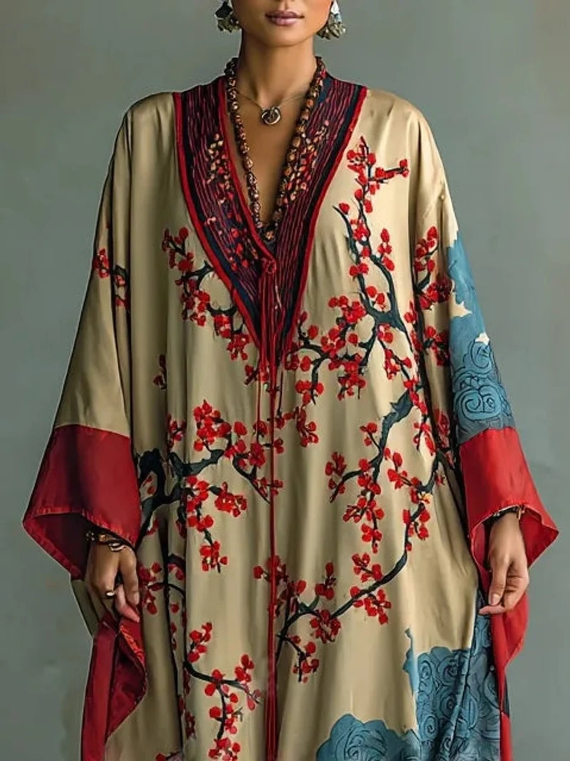 Greta | Damen Langarmkleid Maxi Fledermausärmel Japanischer Pflaumenblüten-Print