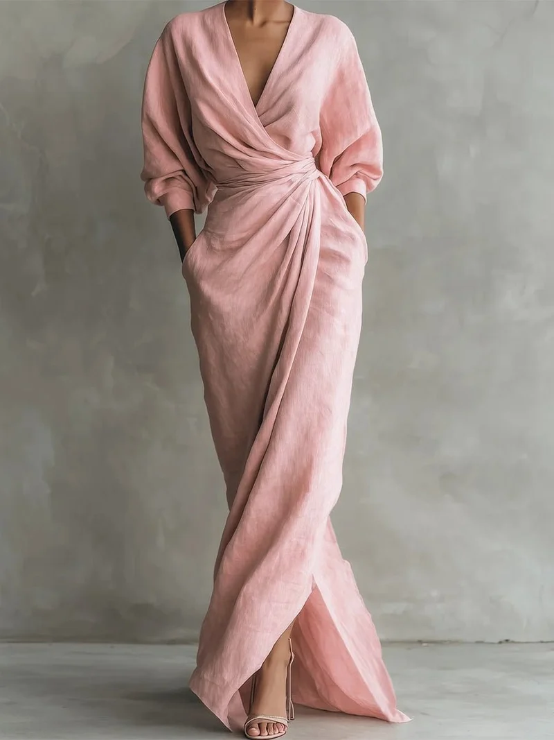 Nora | Damen Long Sleeve Dress Maxi Wickelkleid V-Ausschnitt 3/4-Ärmel