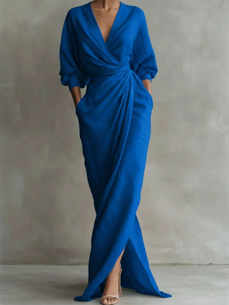 Nora | Damen Long Sleeve Dress Maxi Wickelkleid V-Ausschnitt 3/4-Ärmel