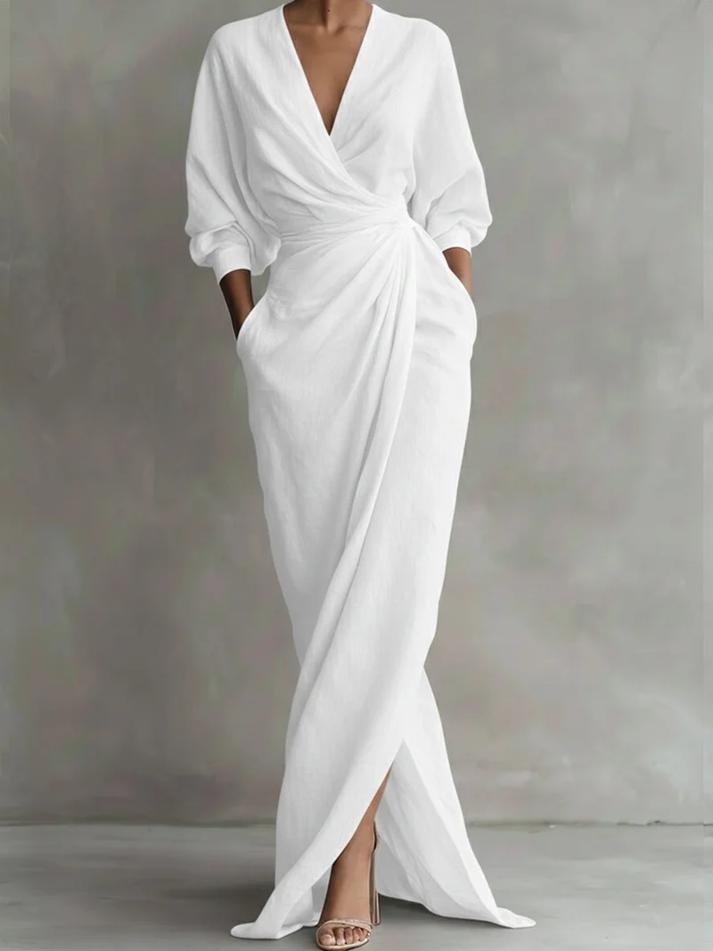 Nora | Damen Long Sleeve Dress Maxi Wickelkleid V-Ausschnitt 3/4-Ärmel