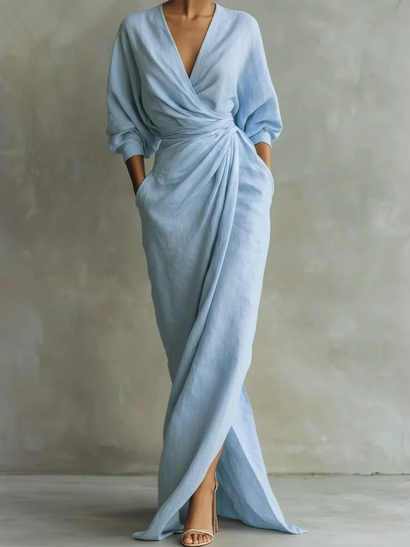 Nora | Damen Long Sleeve Dress Maxi Wickelkleid V-Ausschnitt 3/4-Ärmel