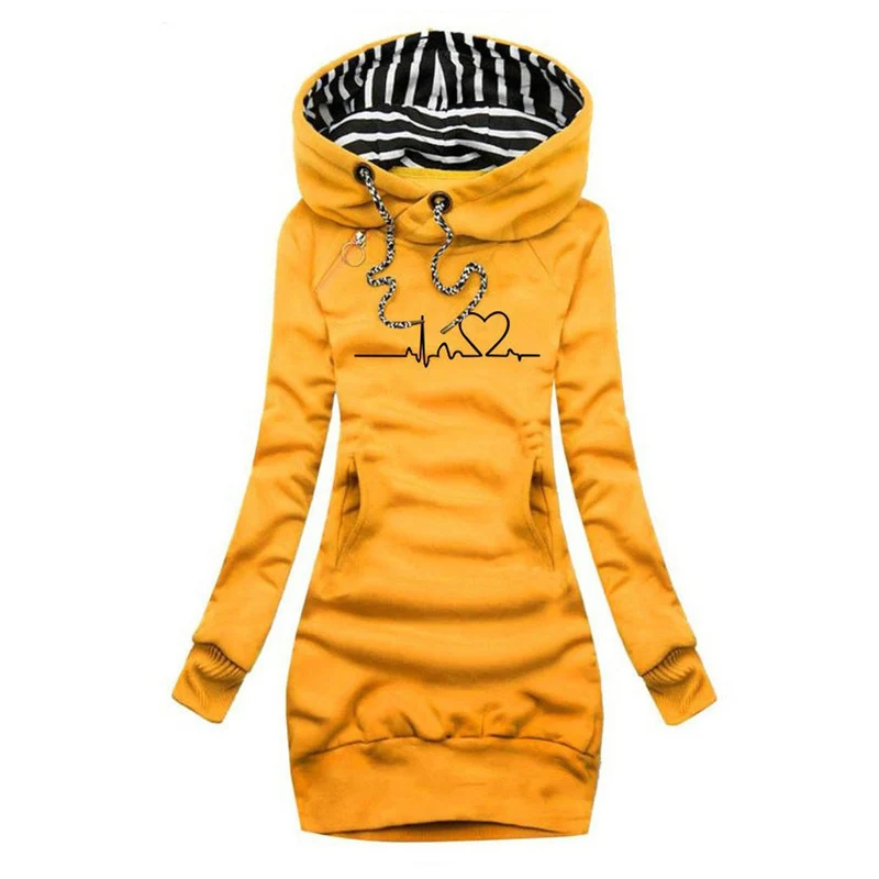 Frieda | Damen Langarm-Kleid Kapuzenpullover Herzschlag-Print Sweatkleid