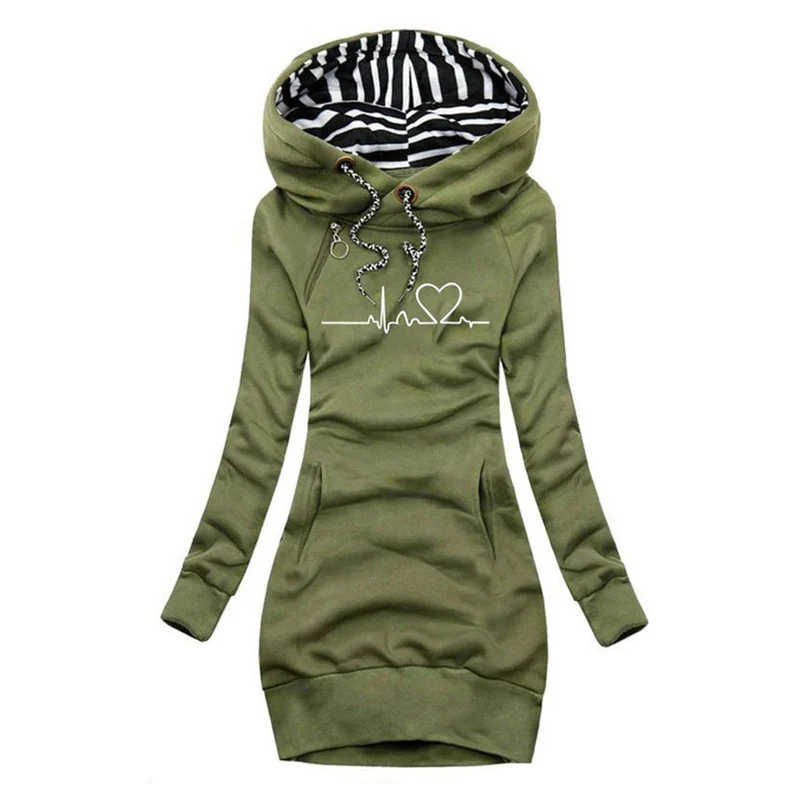 Frieda | Damen Langarm-Kleid Kapuzenpullover Herzschlag-Print Sweatkleid