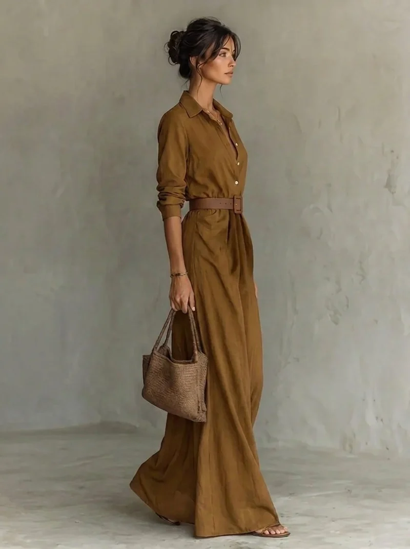 Lena | Damen Langarm-Maxikleid fließend tailliert mit Gürtel