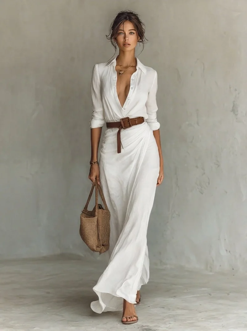 Lena | Damen Langarm-Maxikleid fließend tailliert mit Gürtel