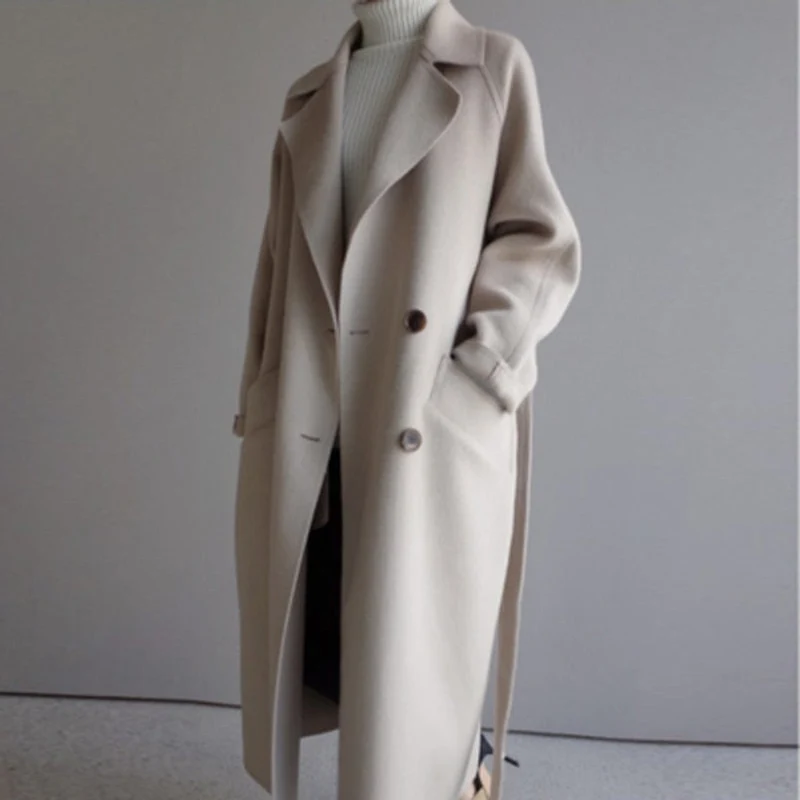 Katharina | Damen Women Coat langer Kaschmir Mantel Doppelknopf Trenchcoat