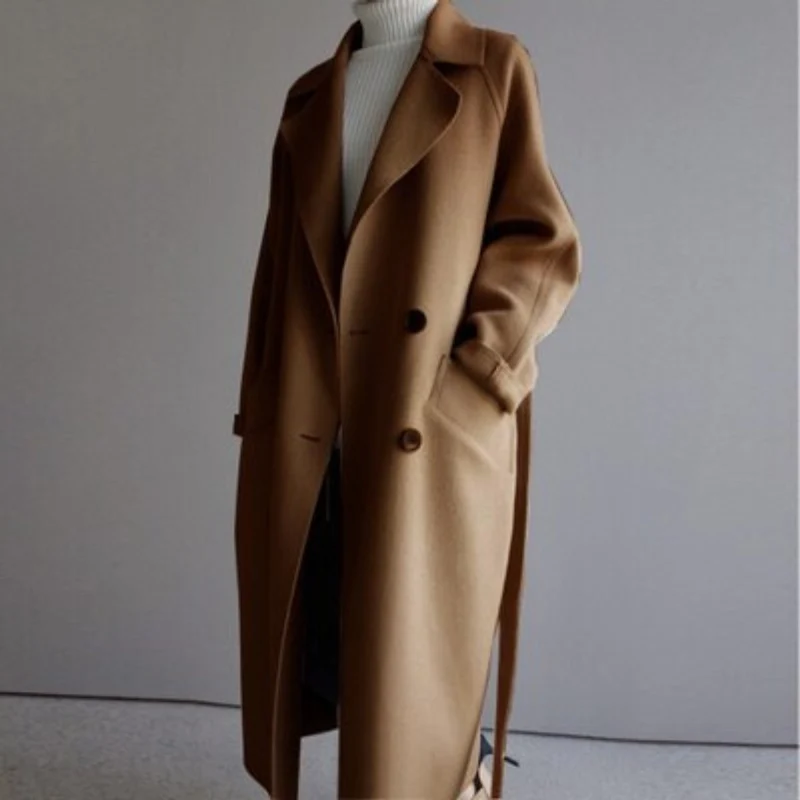 Katharina | Damen Women Coat langer Kaschmir Mantel Doppelknopf Trenchcoat