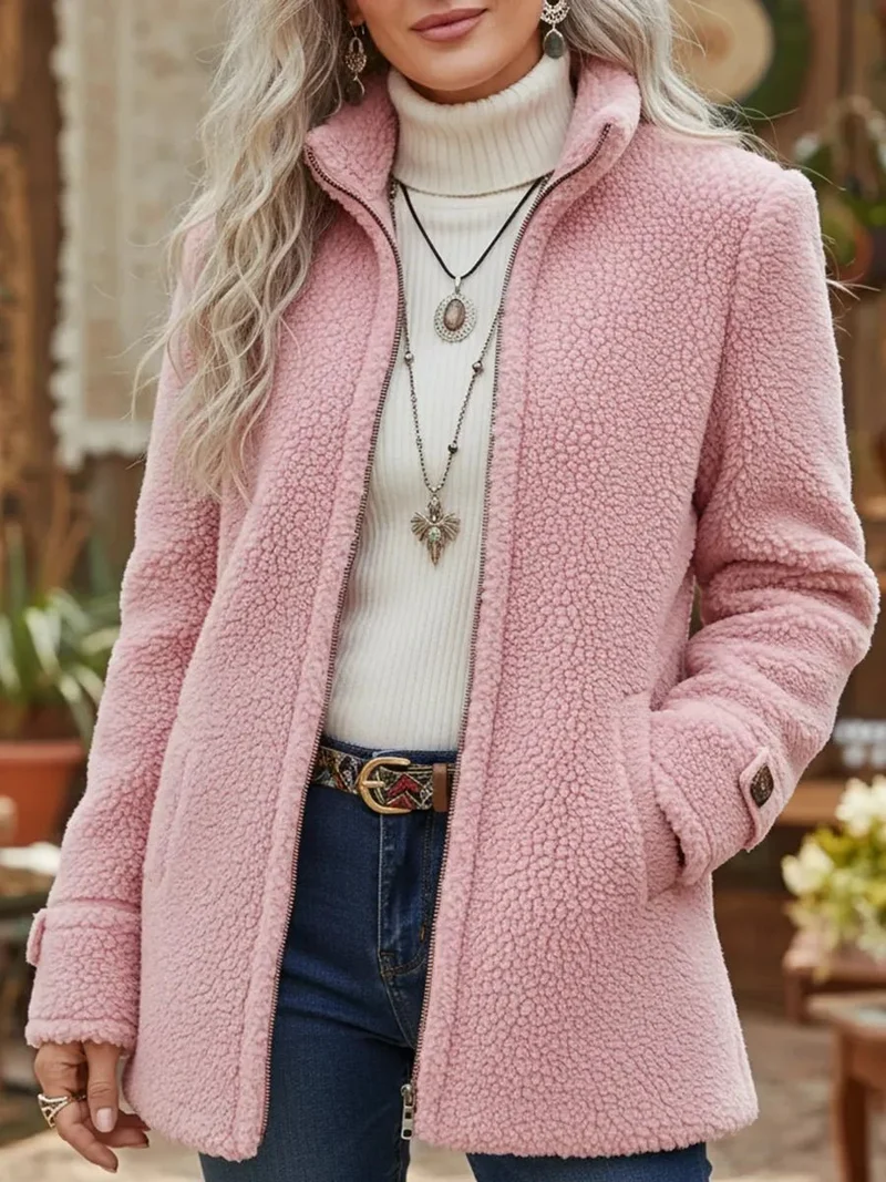 Sophie | Damen Women Coat Flauschige Lammwoll-Jacke Stehkragen Reißverschluss