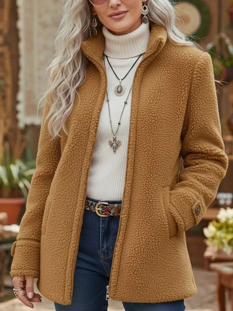 Sophie | Damen Women Coat Flauschige Lammwoll-Jacke Stehkragen Reißverschluss