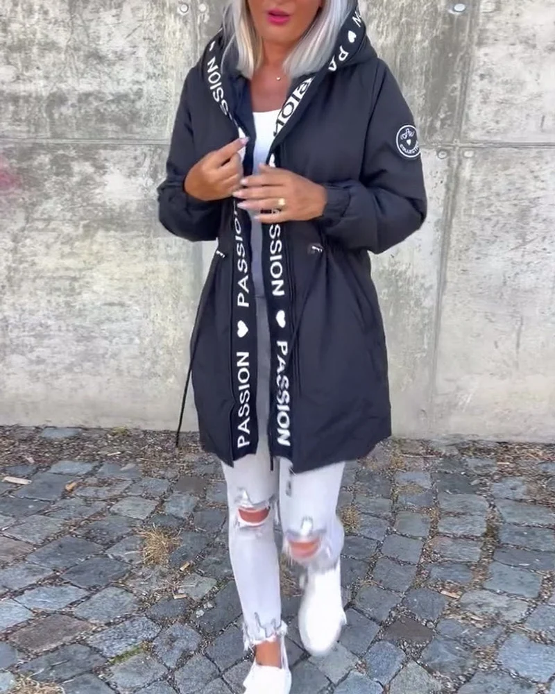 Amelie | Damen Kapuzenmantel Lockere Passform Tunnelzug Mittellang Women Coat