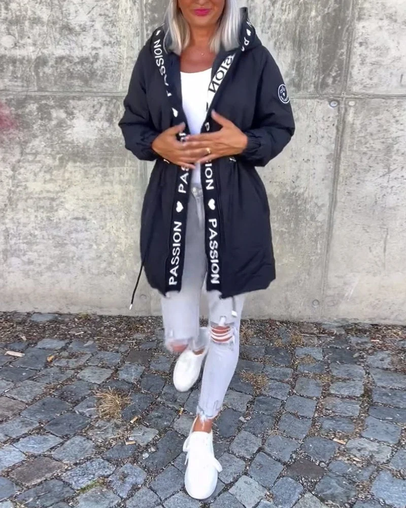 Amelie | Damen Kapuzenmantel Lockere Passform Tunnelzug Mittellang Women Coat