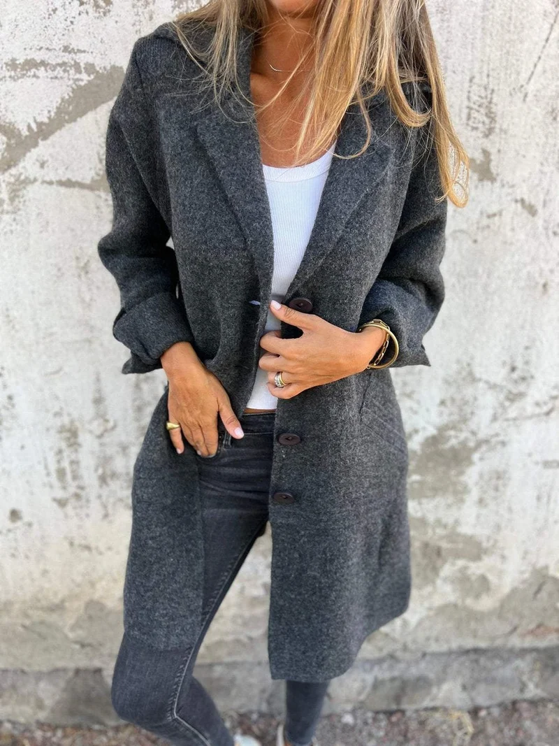 Marlene | Damen Women Coat Lässiger Langer Mantel mit Revers und Knöpfen