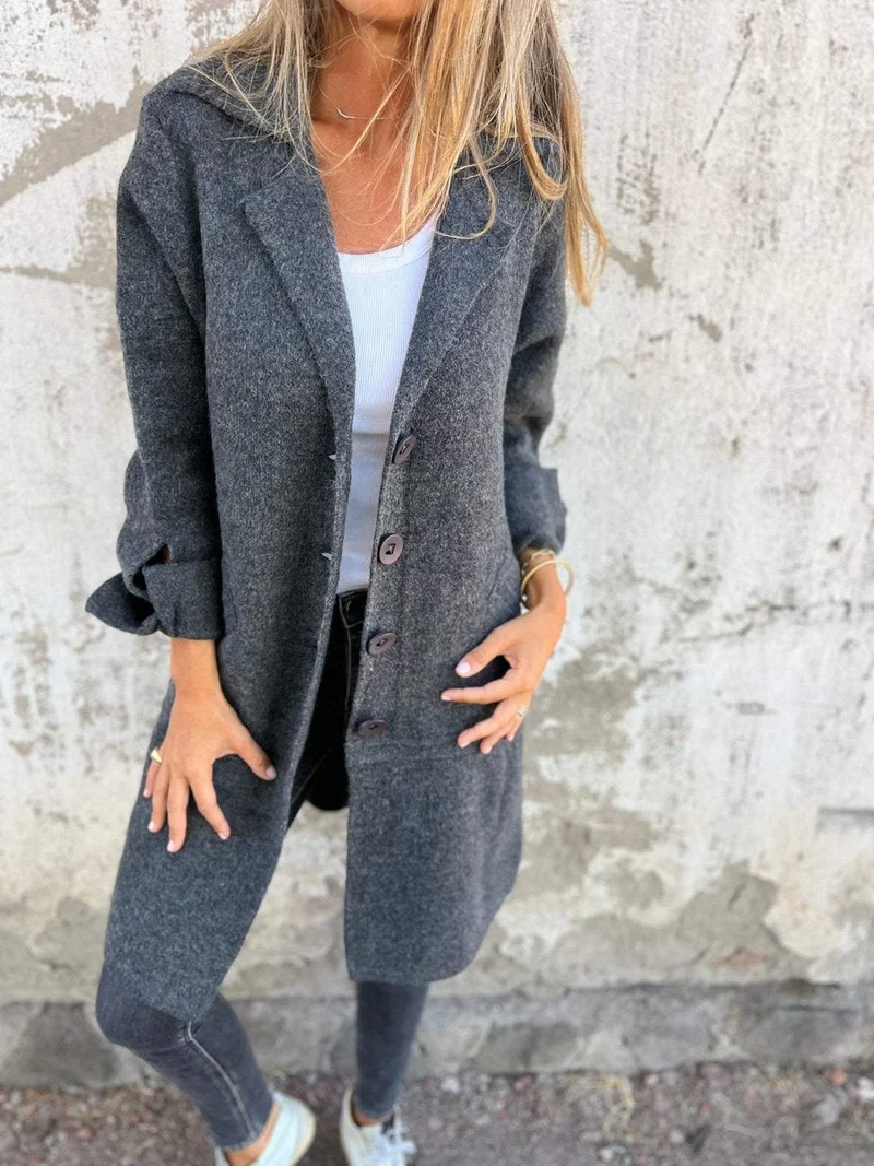 Marlene | Damen Women Coat Lässiger Langer Mantel mit Revers und Knöpfen
