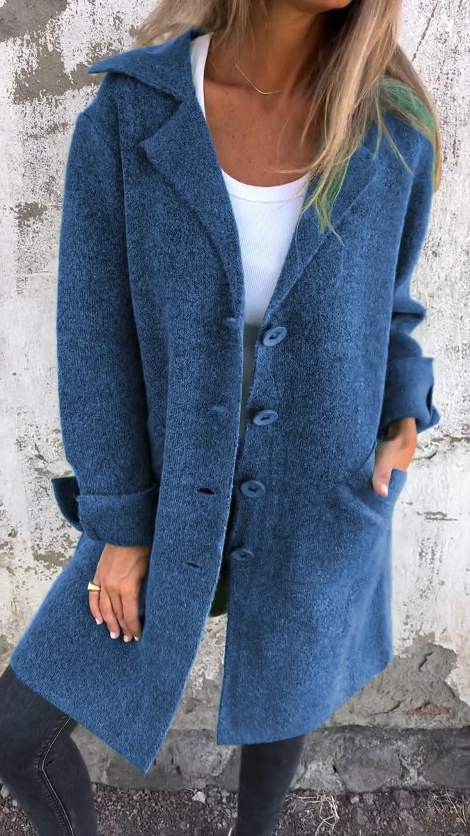 Marlene | Damen Women Coat Lässiger Langer Mantel mit Revers und Knöpfen