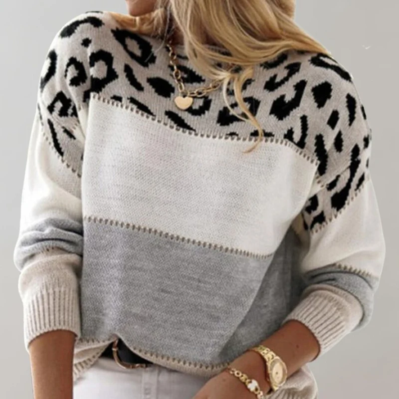 Viola | Damen Weicher Strickpullover mit Farbblock und Leopardenmuster