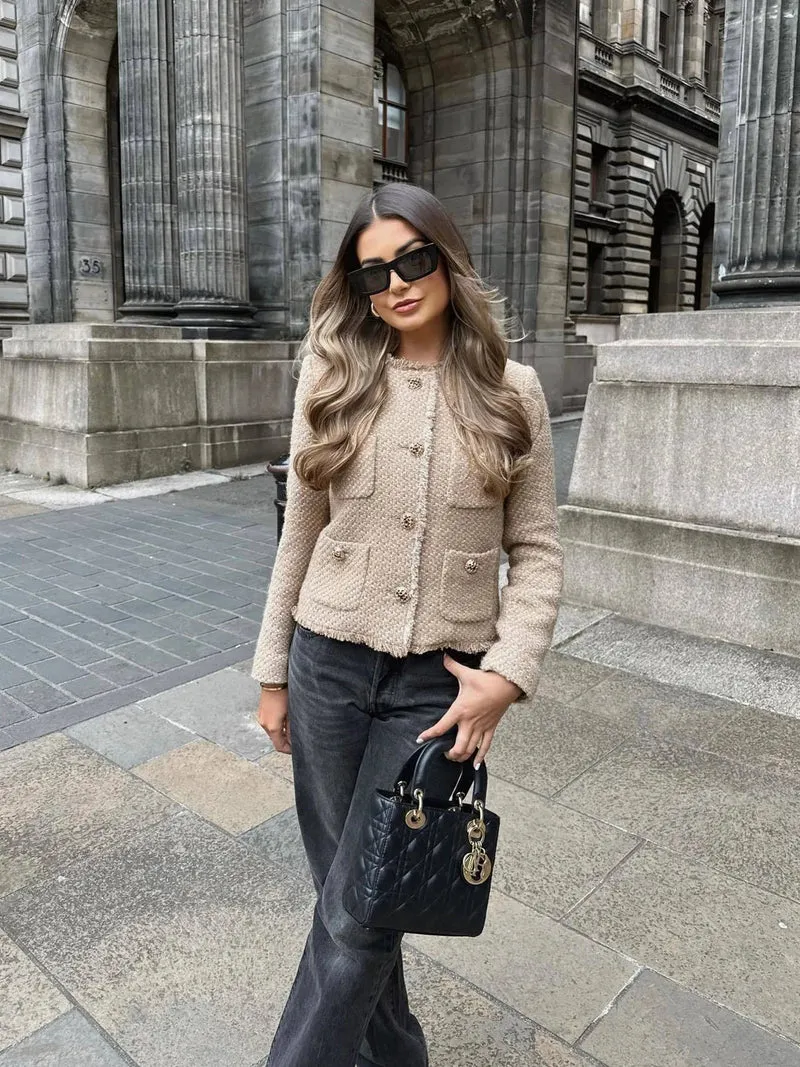 Yvonne | Damen Elegante Tweed-Jacke mit Knopfleiste