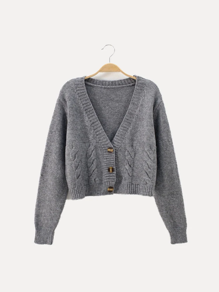 Christa | Damen Zopfmuster-Strickjacke mit V-Ausschnitt und Knöpfen