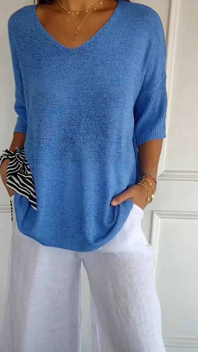 Lena | Damen Strick-Top V-Ausschnitt Halbarm weicher Oversize-Schnitt