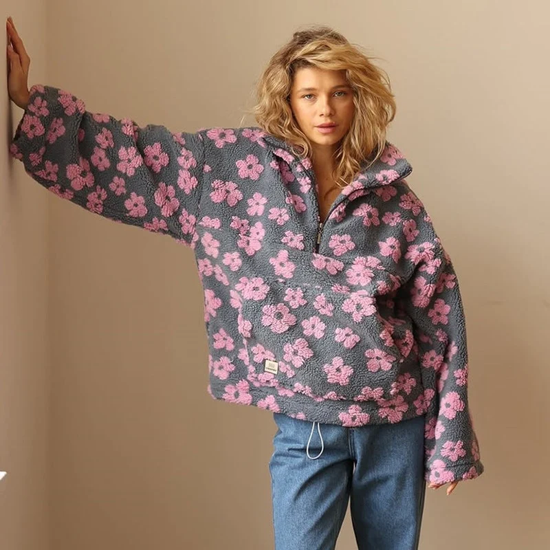 Marlene | Damen Oversize Sherpa Fleece Pullover Sweater Blumenmuster