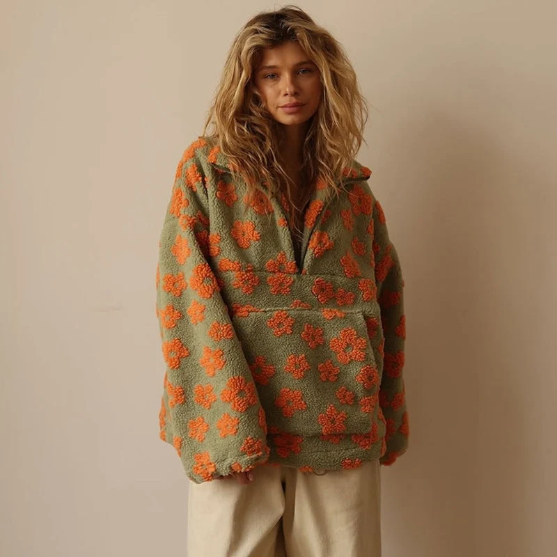 Marlene | Damen Oversize Sherpa Fleece Pullover Sweater Blumenmuster