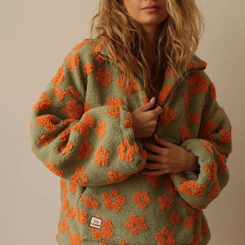 Marlene | Damen Oversize Sherpa Fleece Pullover Sweater Blumenmuster