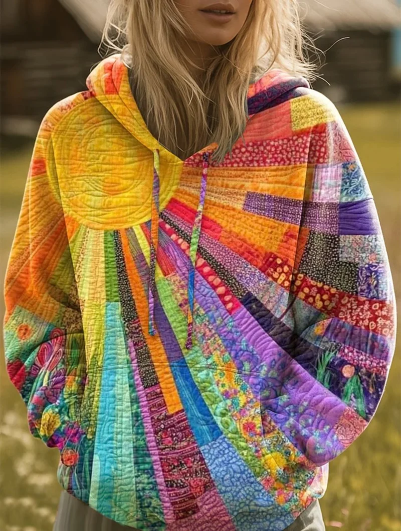 Johanna | Damen Sweater Patchwork Kapuzenpullover Bohemian Sonnenmuster