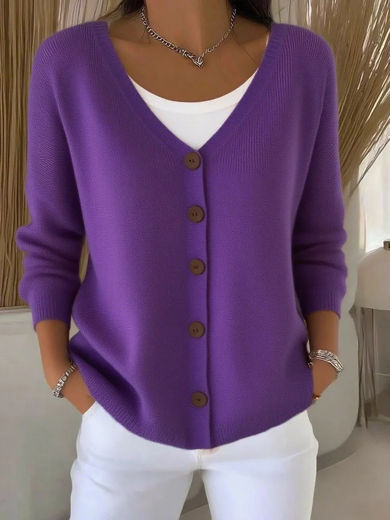 Leonie | Damen Strickjacke V-Ausschnitt Langarm Knopfleiste Sweater Women