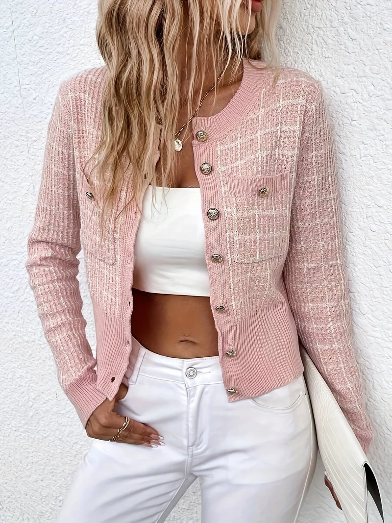 Elisa | Damen Modische Kurz-Strickjacke aus Tweed-Material