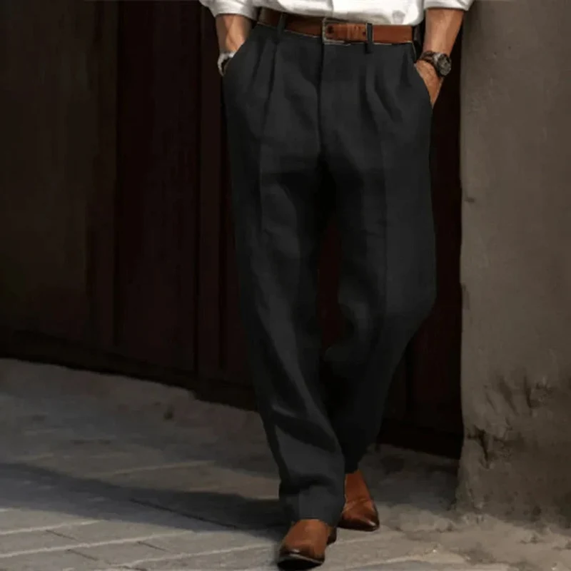 Maximilian | Herren Klassische Plissierte Elegante Leinenhose Lang