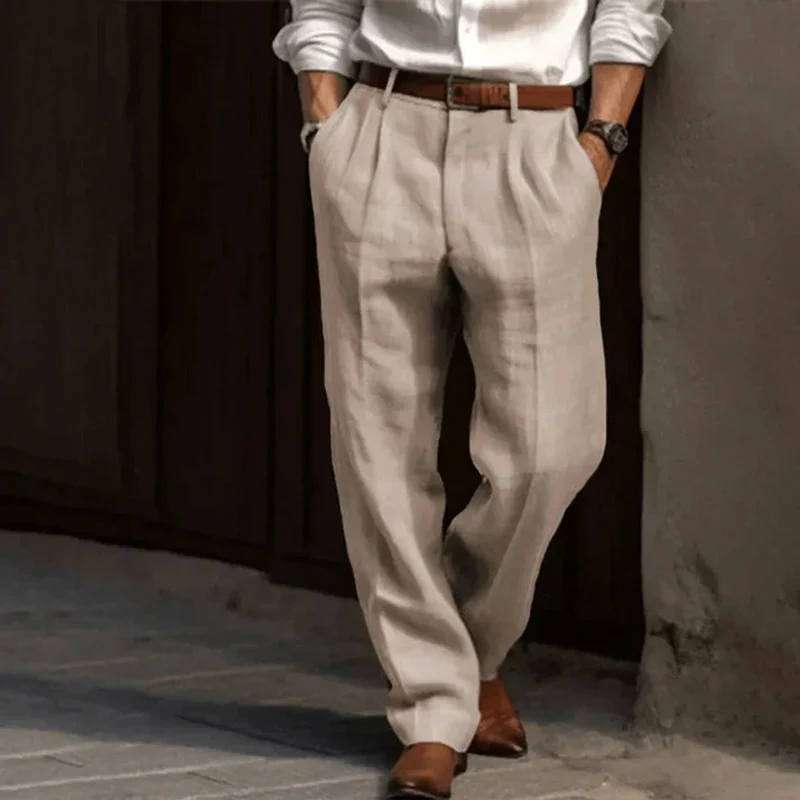 Maximilian | Herren Klassische Plissierte Elegante Leinenhose Lang