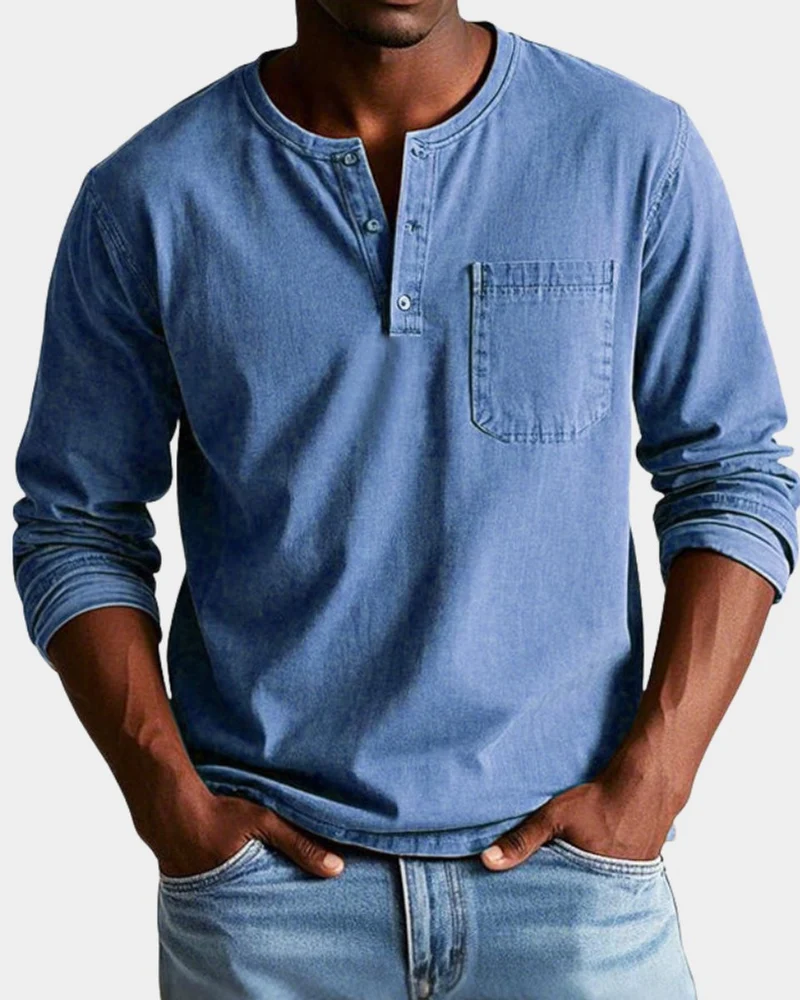Elias | Herren Vintage Langarm Henley-Shirt mit Brusttasche