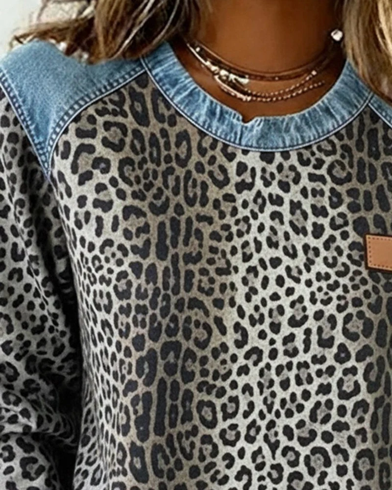 Lena | Damen Sweater Leopardenmuster Denim Patchwork Pullover Rundhals
