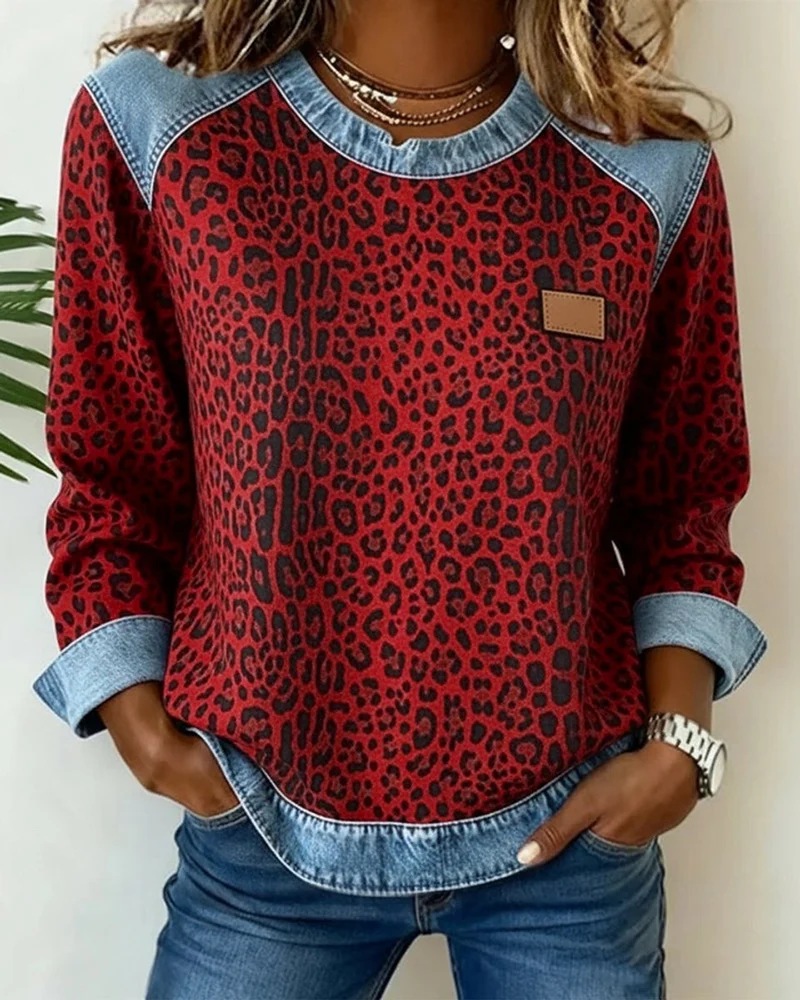 Lena | Damen Sweater Leopardenmuster Denim Patchwork Pullover Rundhals