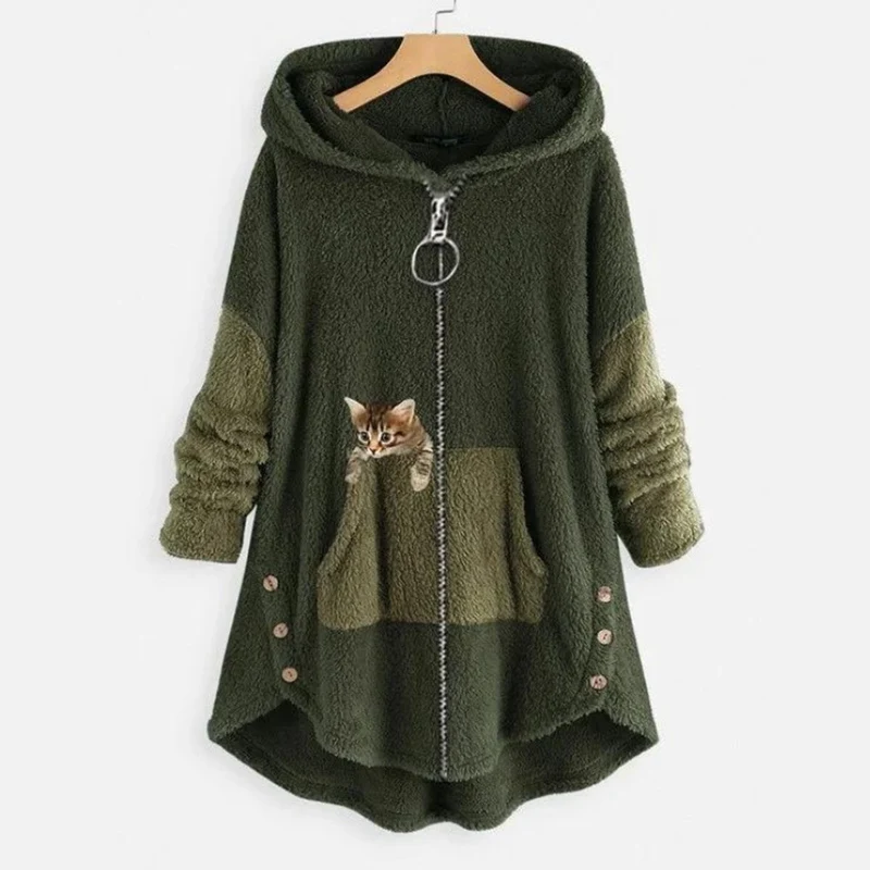 Elisabeth | Damen Plüsch Hoodie Pullover weicher Fleece-Reißverschluss-Sweatshirt mit Katzenmotiv
