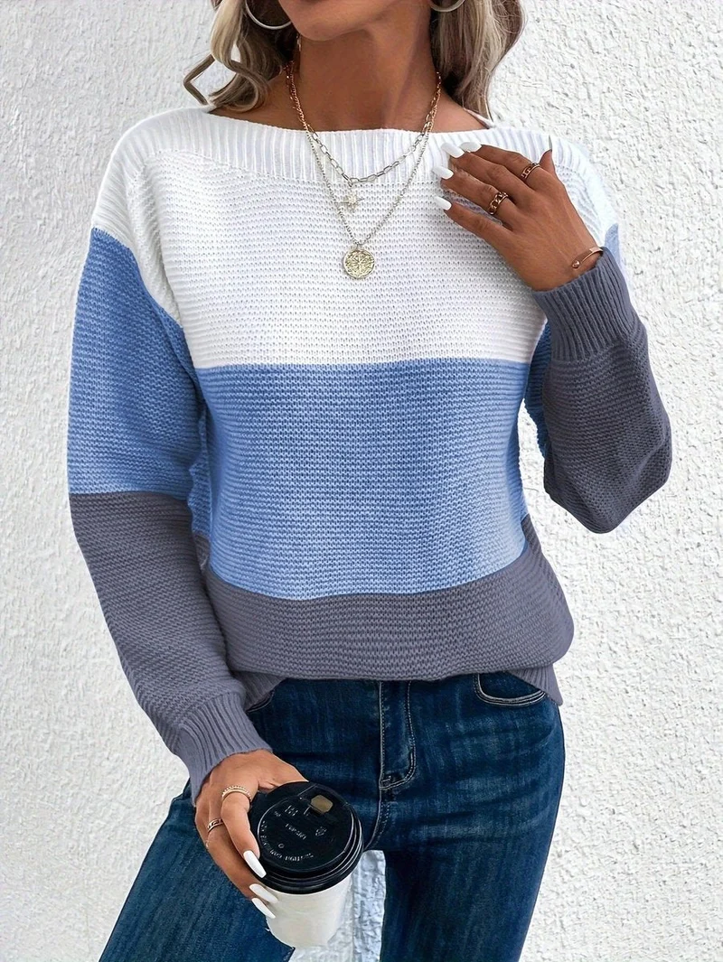 Elisabeth | Damen Colorblock Knit Sweater Rundhals Relaxed Fit Strickpullover