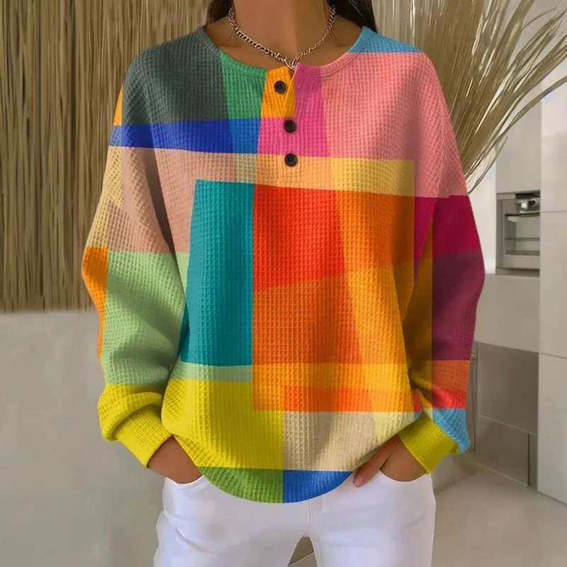 Emilia | Damen Sweater Buntes Colorblock Waffle-Knit Sweatshirt mit Knöpfen