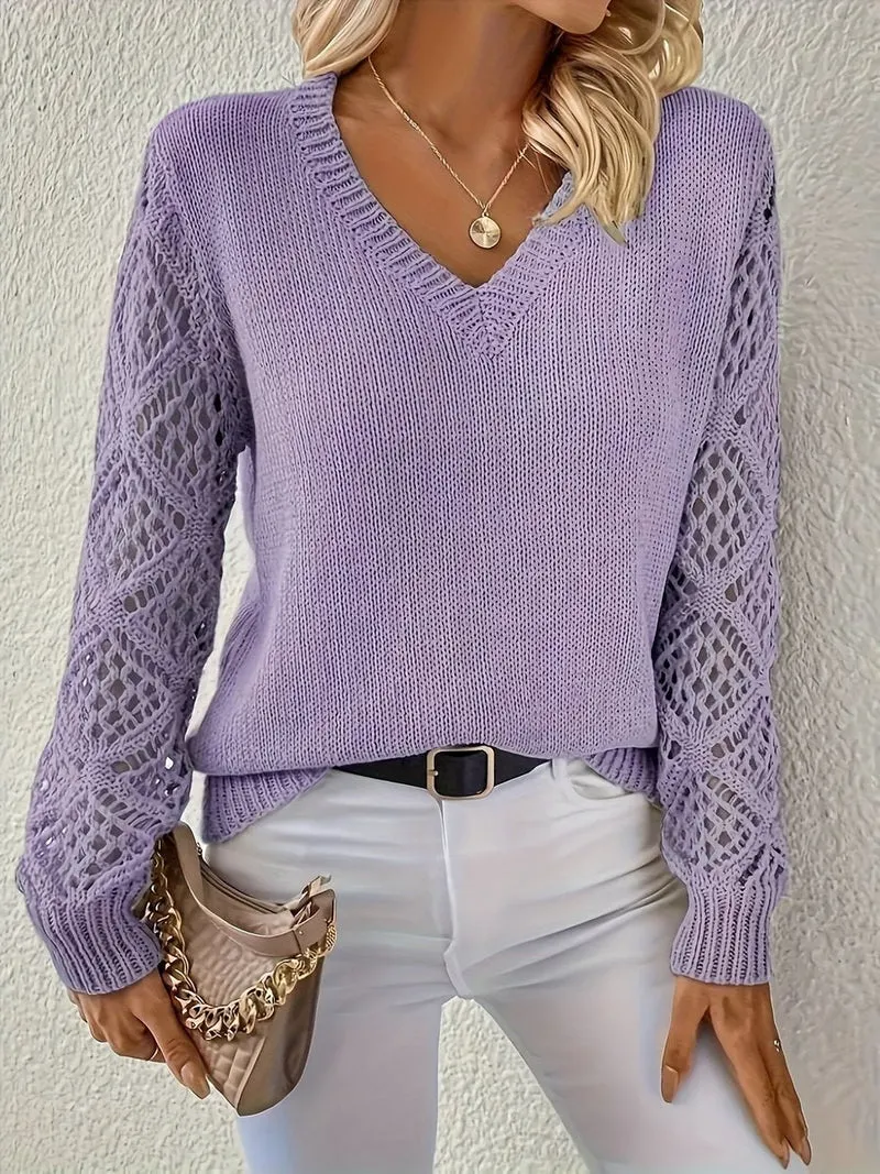 Greta | Damen Langarm V-Ausschnitt Lochstrick Knit Sweater Pullover