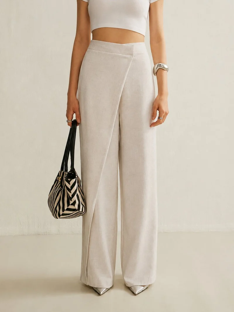 Elisabeth | Damen Hochbund Asymmetrische Wickel Wide Leg Pants