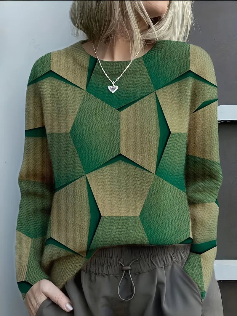 Nora | Damen Knit Sweater Geometrisches Muster Rundhals Langarm Pullover